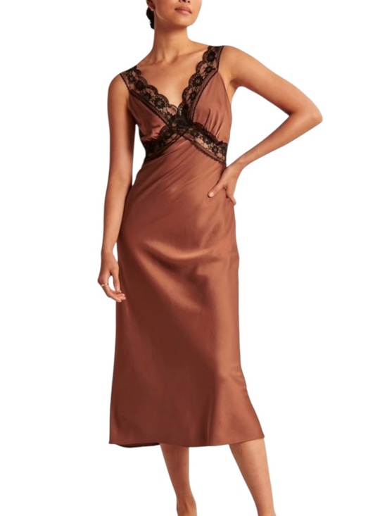 Abercrombie & Fitch Dresses & Skirts - NWT Abercrombie and Fitch Brown Satin Lace-Trim Slip Midi Dress SMALL TALL